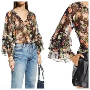 ALICE + OLIVIA | Kallie Blouse Ruffle Sleeve Floral Georgette | Black | L